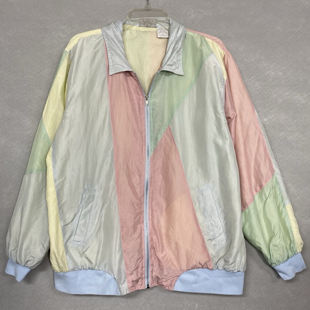 Blair Womens L Silk Jacket Pastel Retro Barbiecore Full Zip Vintage Geometric